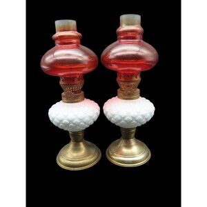 Set of 2 Vintage Miniature Milk Glass Oil Lamps Red Chimneys Hong Kong 9”
